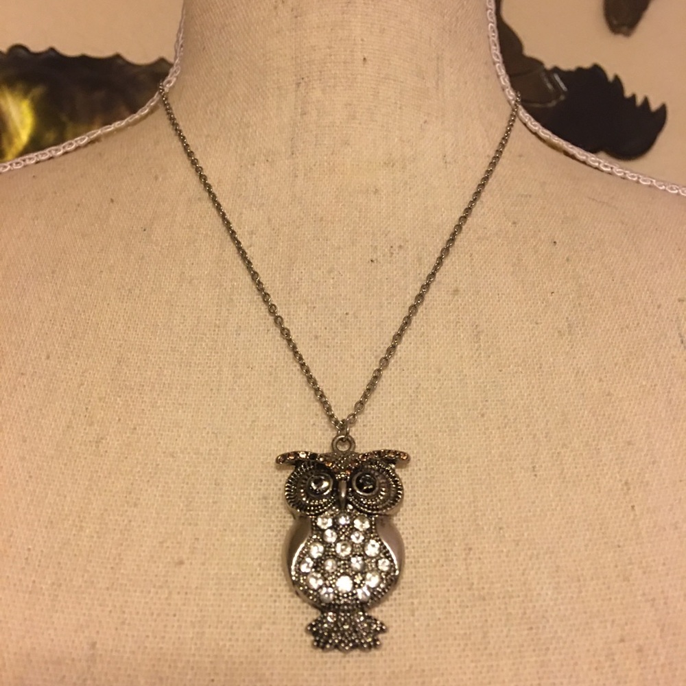 Vintage rhinestone owl pendant on silver chain